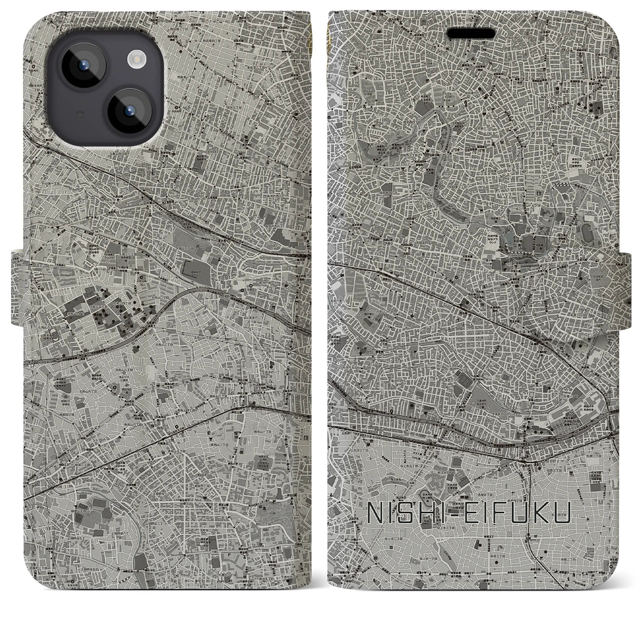 【西永福(東京都)】地図柄iPhoneケース(手帳タイプ)モノトーン・iPhone 14 Plus 用