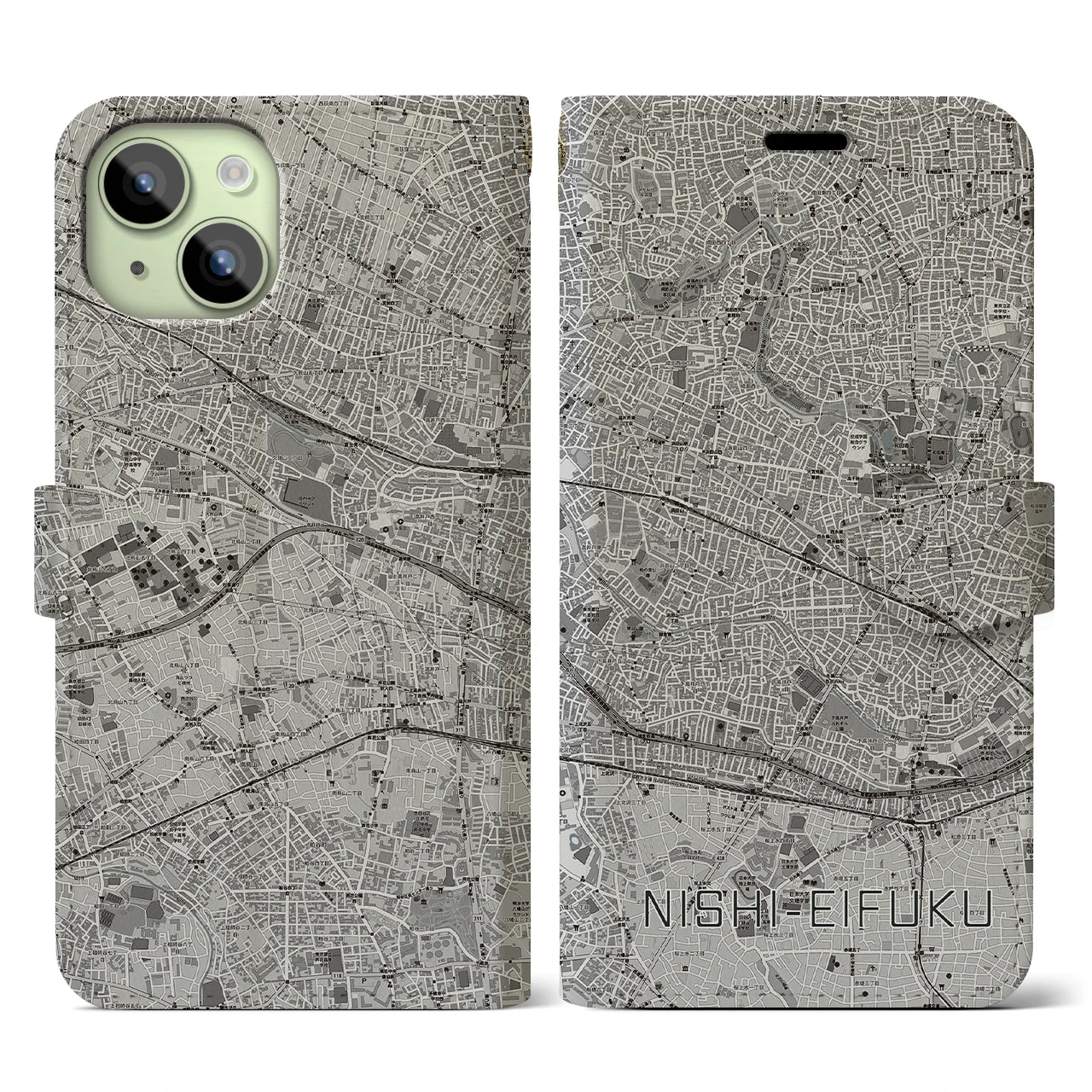【西永福(東京都)】地図柄iPhoneケース(手帳タイプ)モノトーン・iPhone 15 用