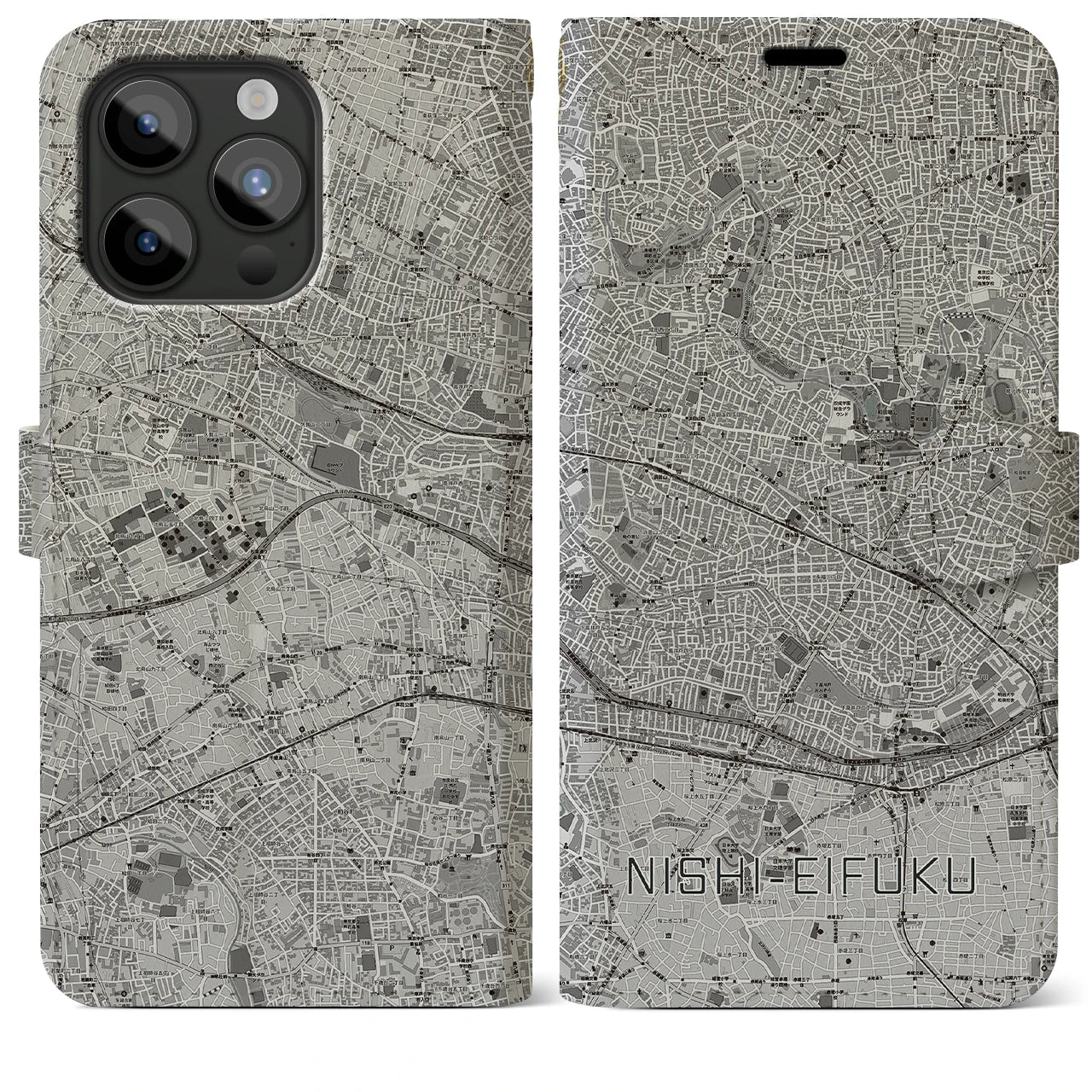 【西永福(東京都)】地図柄iPhoneケース(手帳タイプ)モノトーン・iPhone 15 Pro Max 用