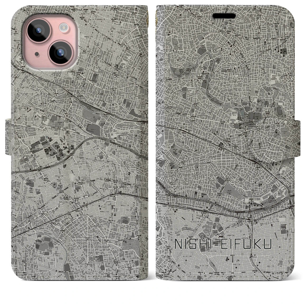 【西永福(東京都)】地図柄iPhoneケース(手帳タイプ)モノトーン・iPhone 15 Plus 用