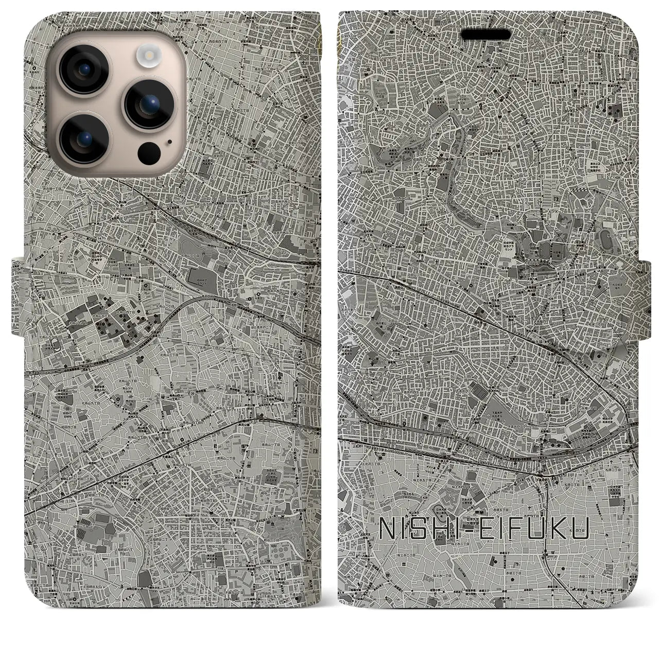 【西永福(東京都)】地図柄iPhoneケース(手帳タイプ)モノトーン・iPhone 16 Plus 用