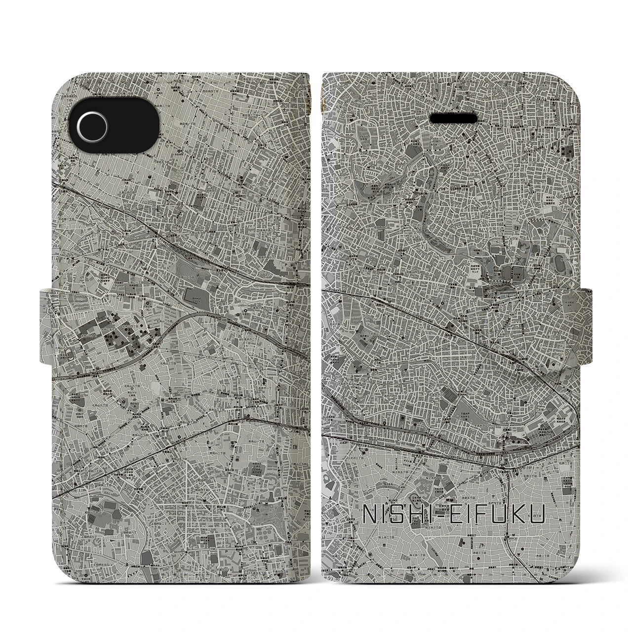 【西永福(東京都)】地図柄iPhoneケース(手帳タイプ)モノトーン・iPhone SE(第3 / 第2世代) / 8 / 7 / 6s / 6 用