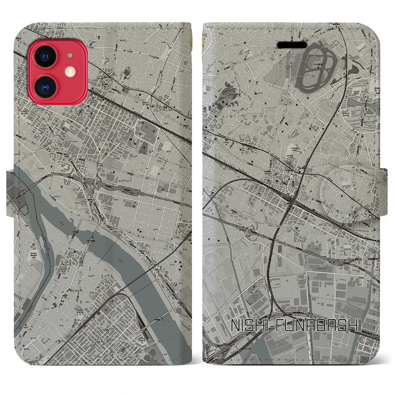 【西船橋(千葉県)】地図柄iPhoneケース(手帳タイプ)モノトーン・iPhone 11 用