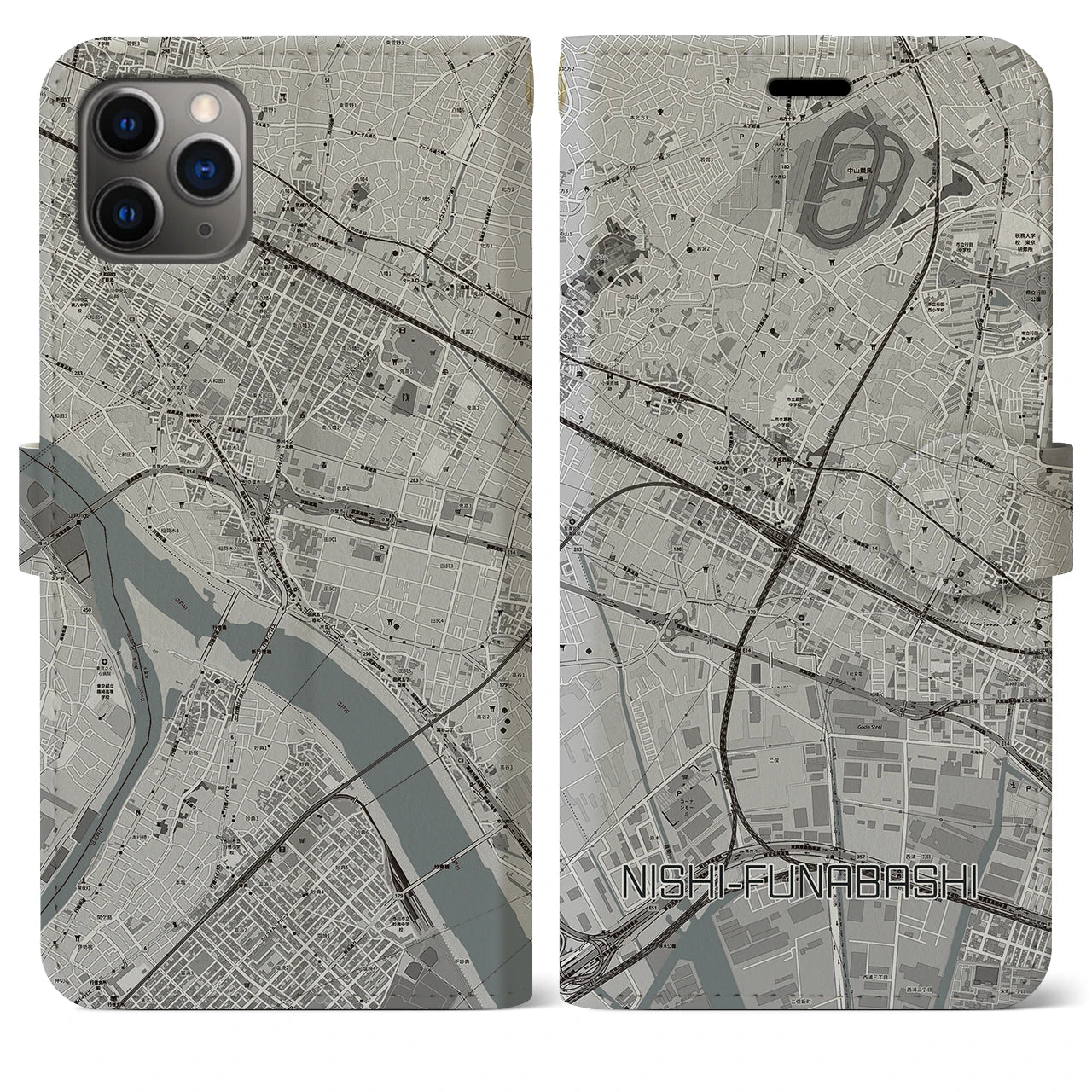 【西船橋(千葉県)】地図柄iPhoneケース(手帳タイプ)モノトーン・iPhone 11 Pro Max 用