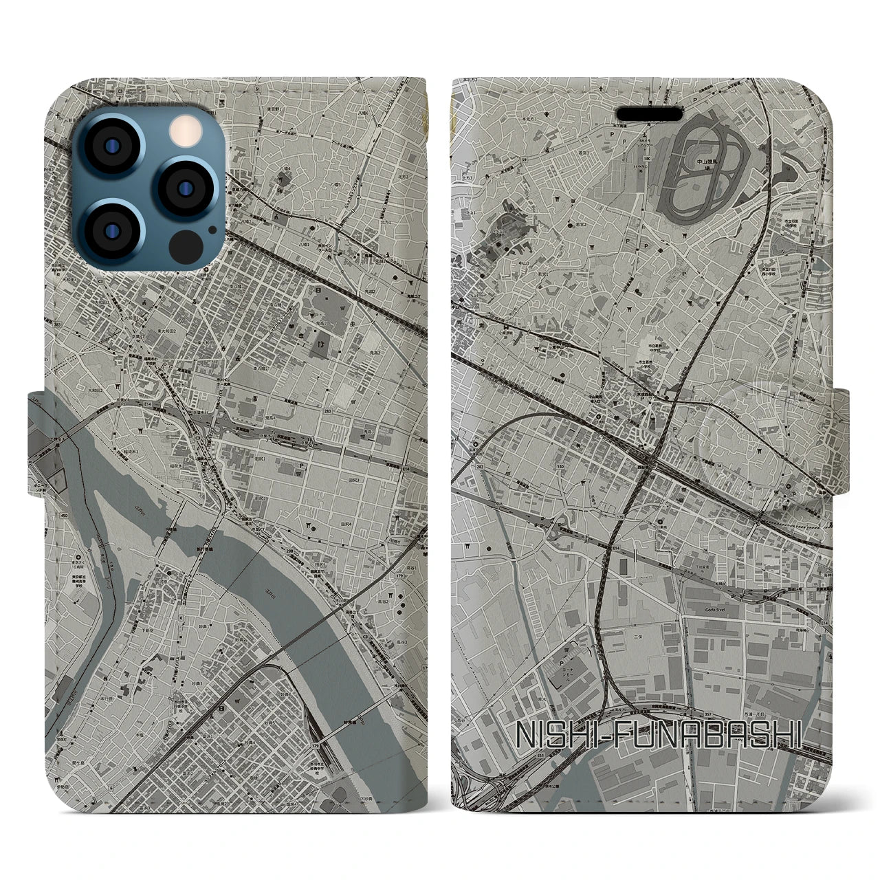 【西船橋(千葉県)】地図柄iPhoneケース(手帳タイプ)モノトーン・iPhone 12 / 12 Pro 用