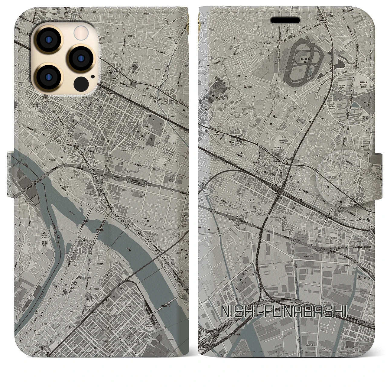 【西船橋(千葉県)】地図柄iPhoneケース(手帳タイプ)モノトーン・iPhone 12 Pro Max 用