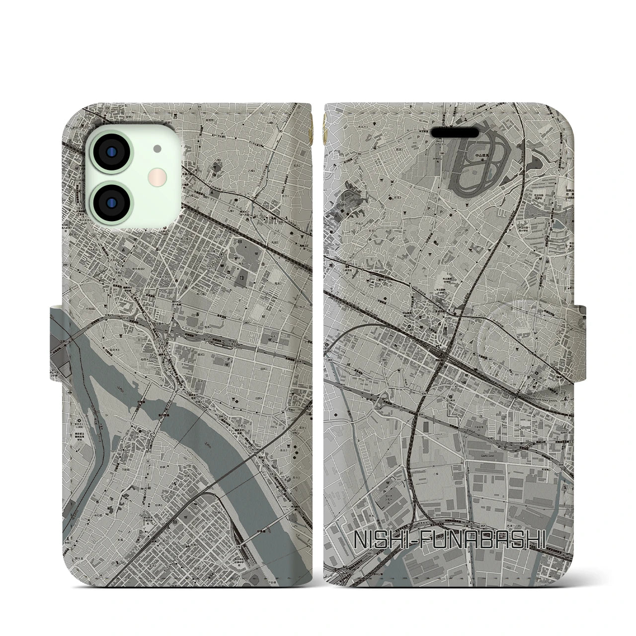 【西船橋(千葉県)】地図柄iPhoneケース(手帳タイプ)モノトーン・iPhone 12 mini 用