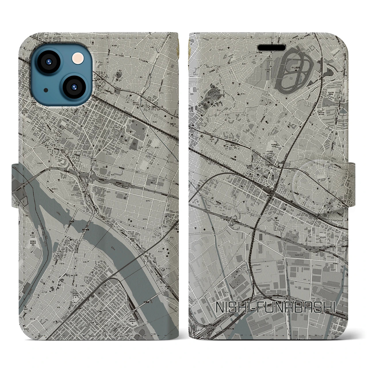 【西船橋(千葉県)】地図柄iPhoneケース(手帳タイプ)モノトーン・iPhone 13 用