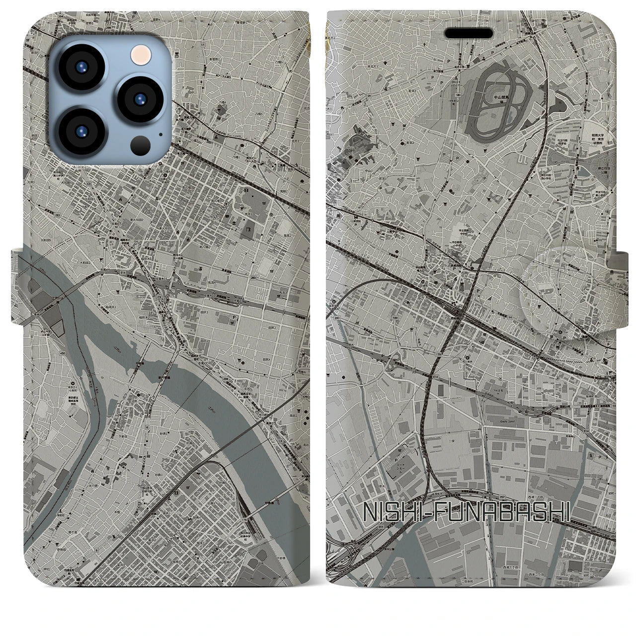 【西船橋(千葉県)】地図柄iPhoneケース(手帳タイプ)モノトーン・iPhone 13 Pro Max 用