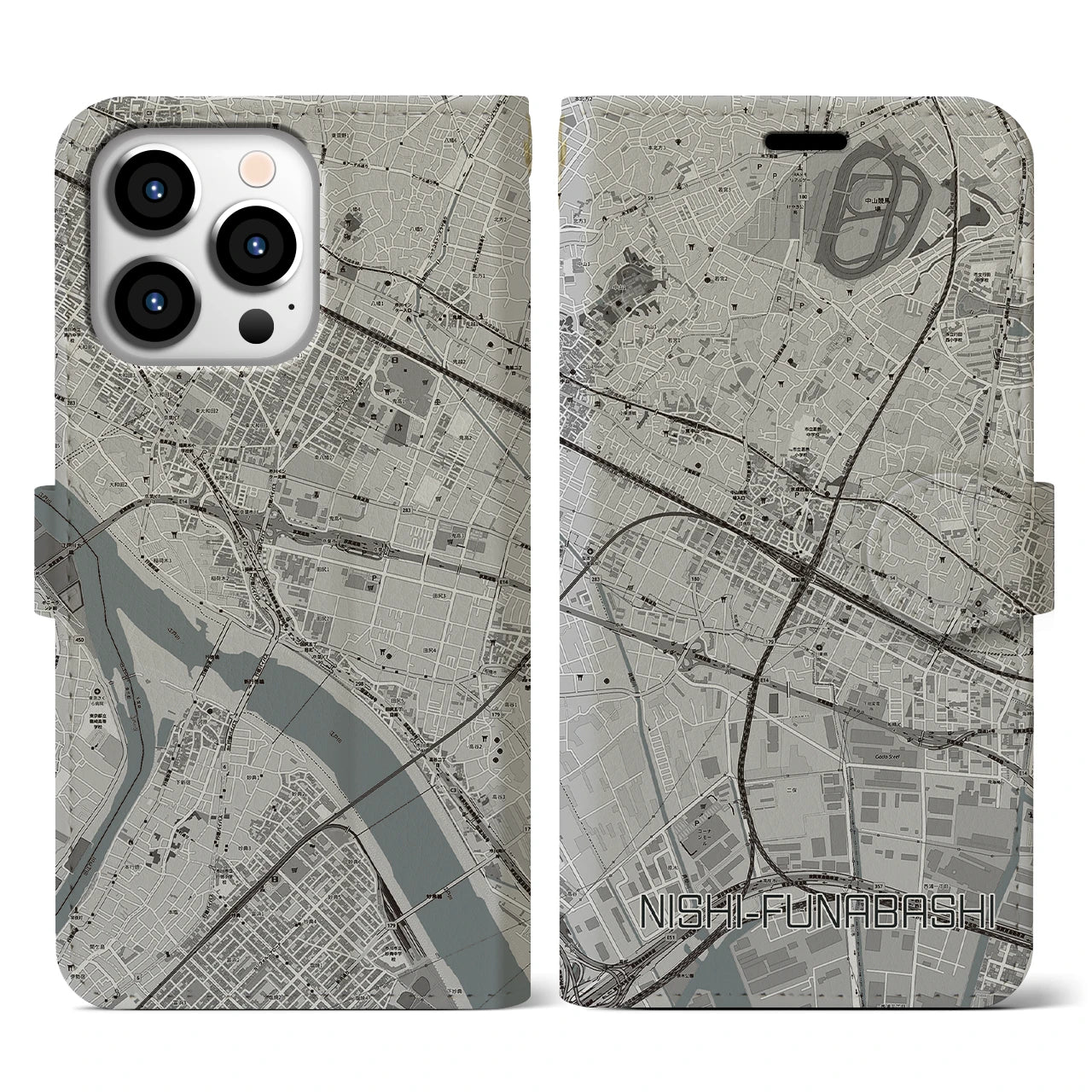 【西船橋(千葉県)】地図柄iPhoneケース(手帳タイプ)モノトーン・iPhone 13 Pro 用