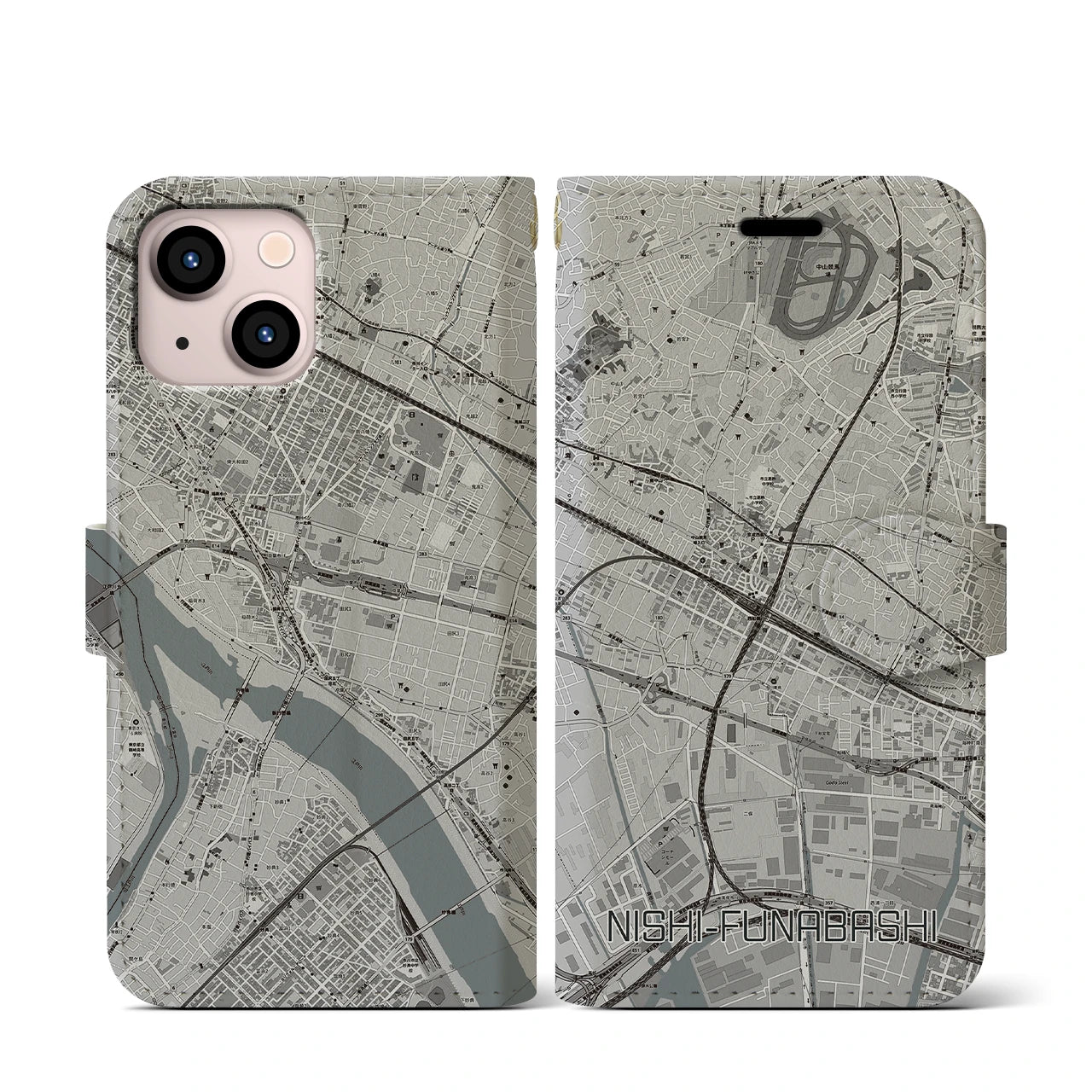 【西船橋(千葉県)】地図柄iPhoneケース(手帳タイプ)モノトーン・iPhone 13 mini 用