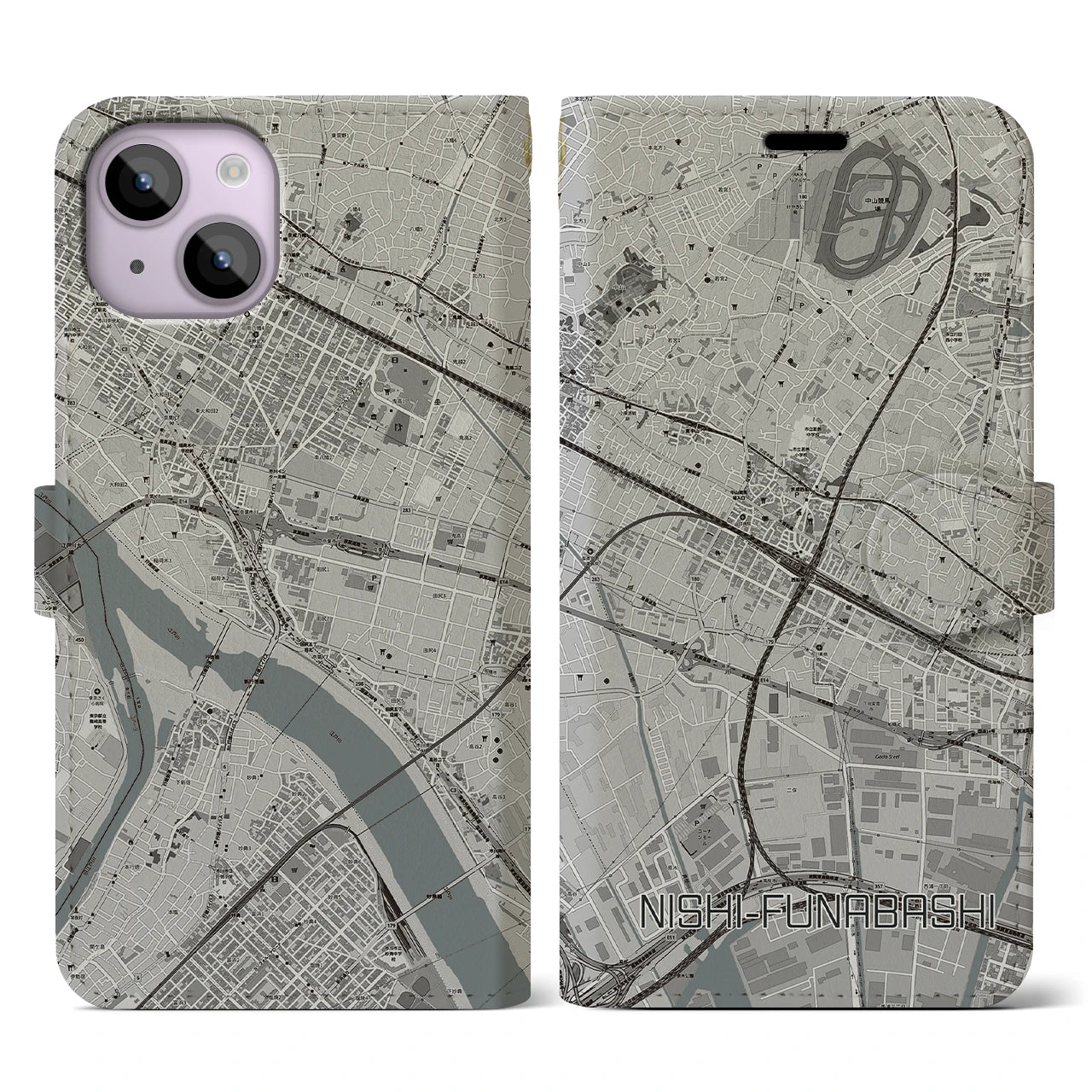 【西船橋(千葉県)】地図柄iPhoneケース(手帳タイプ)モノトーン・iPhone 14 用