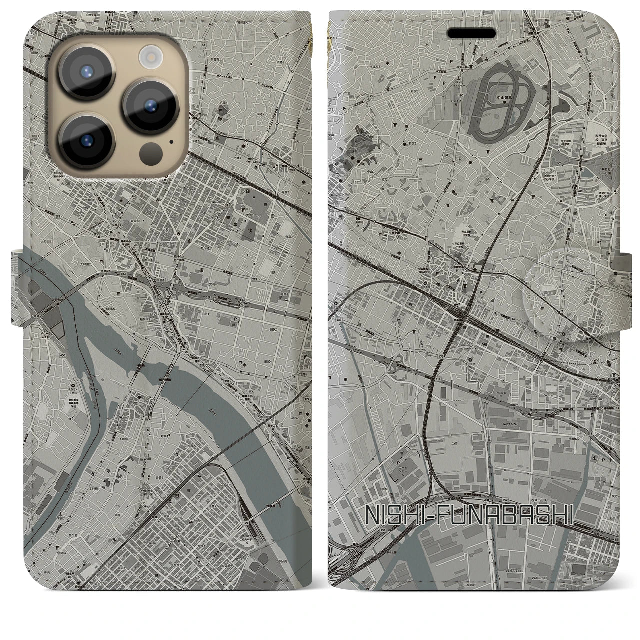 【西船橋(千葉県)】地図柄iPhoneケース(手帳タイプ)モノトーン・iPhone 14 Pro Max 用