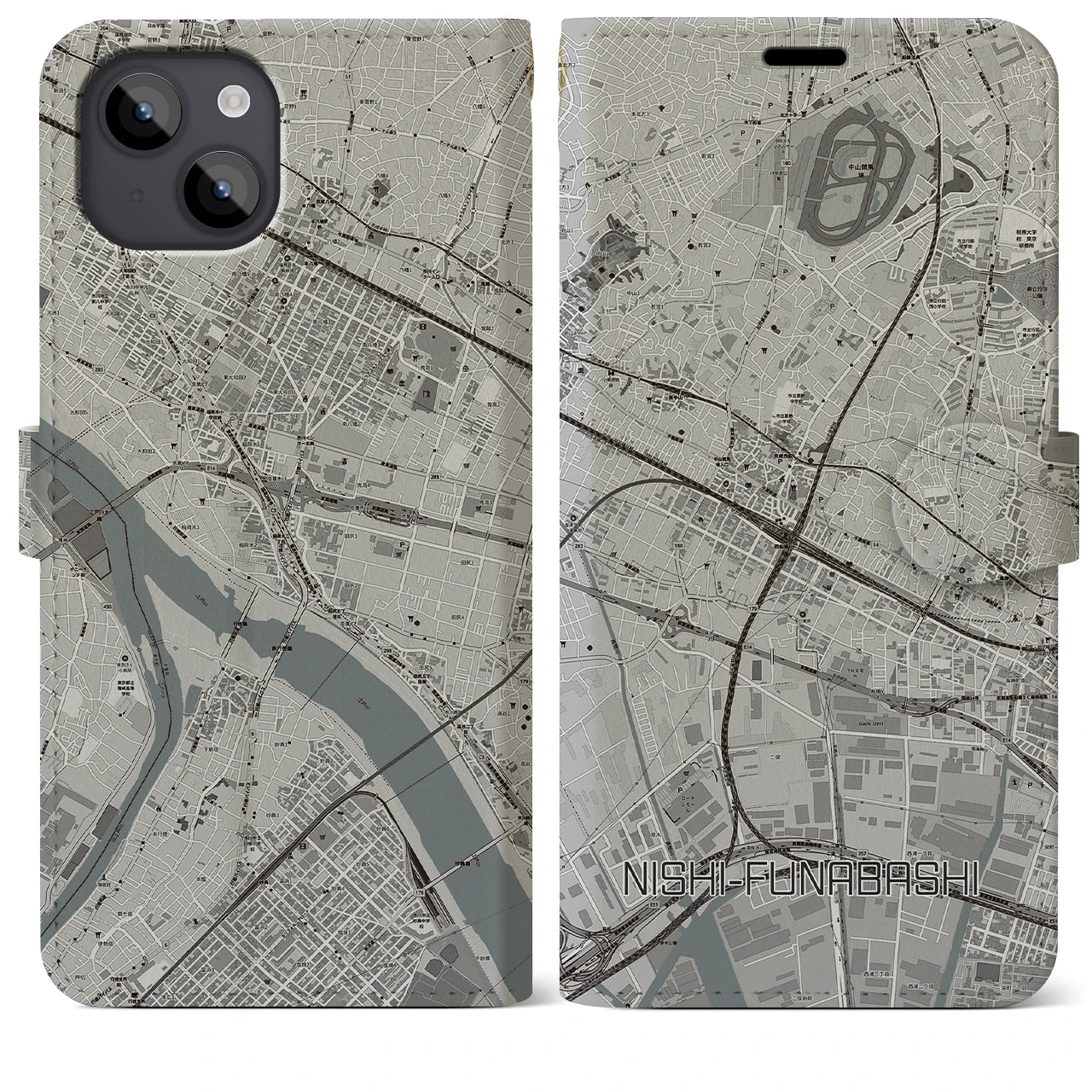 【西船橋(千葉県)】地図柄iPhoneケース(手帳タイプ)モノトーン・iPhone 14 Plus 用
