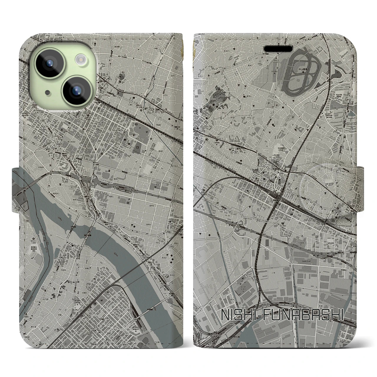 【西船橋(千葉県)】地図柄iPhoneケース(手帳タイプ)モノトーン・iPhone 15 用
