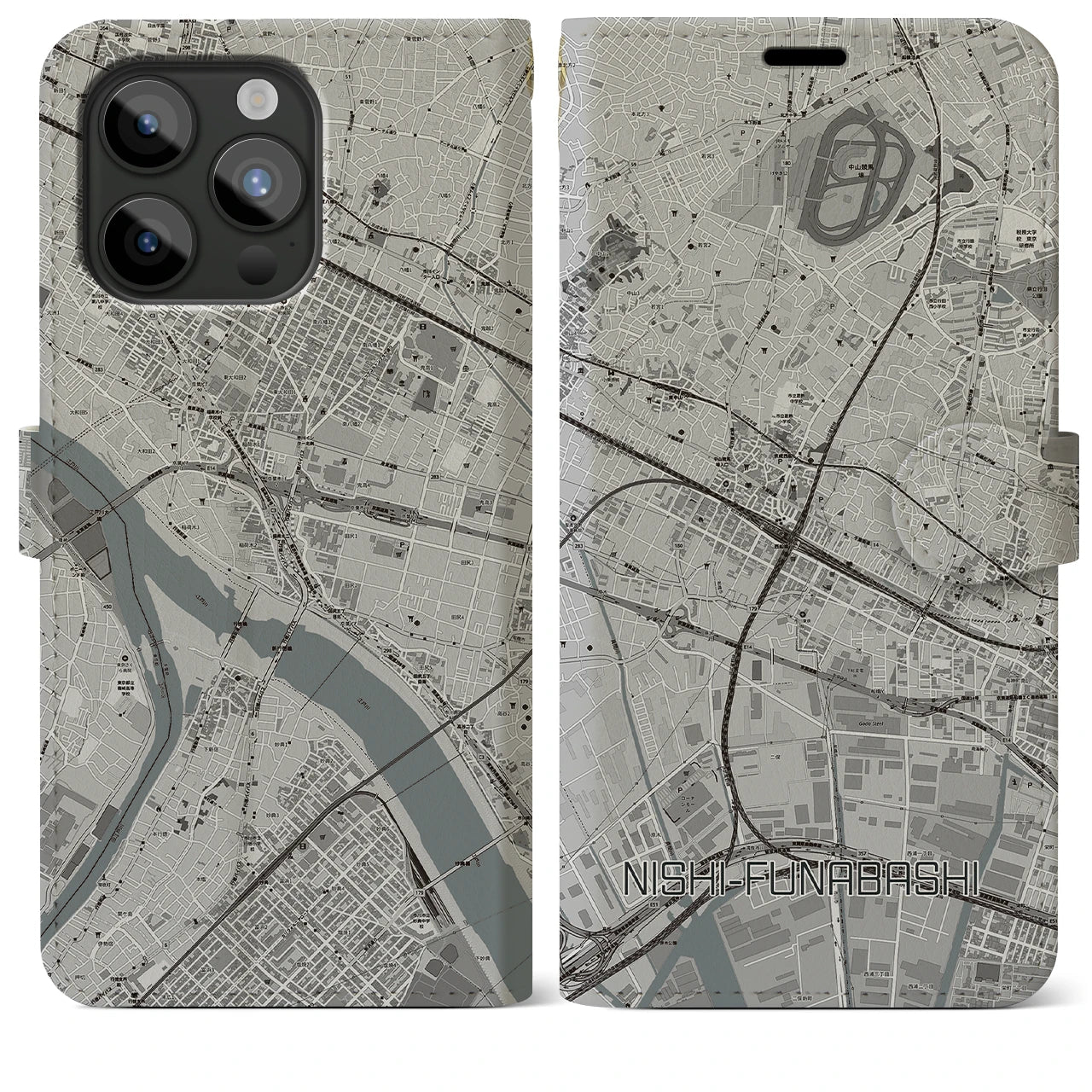 【西船橋(千葉県)】地図柄iPhoneケース(手帳タイプ)モノトーン・iPhone 15 Pro Max 用