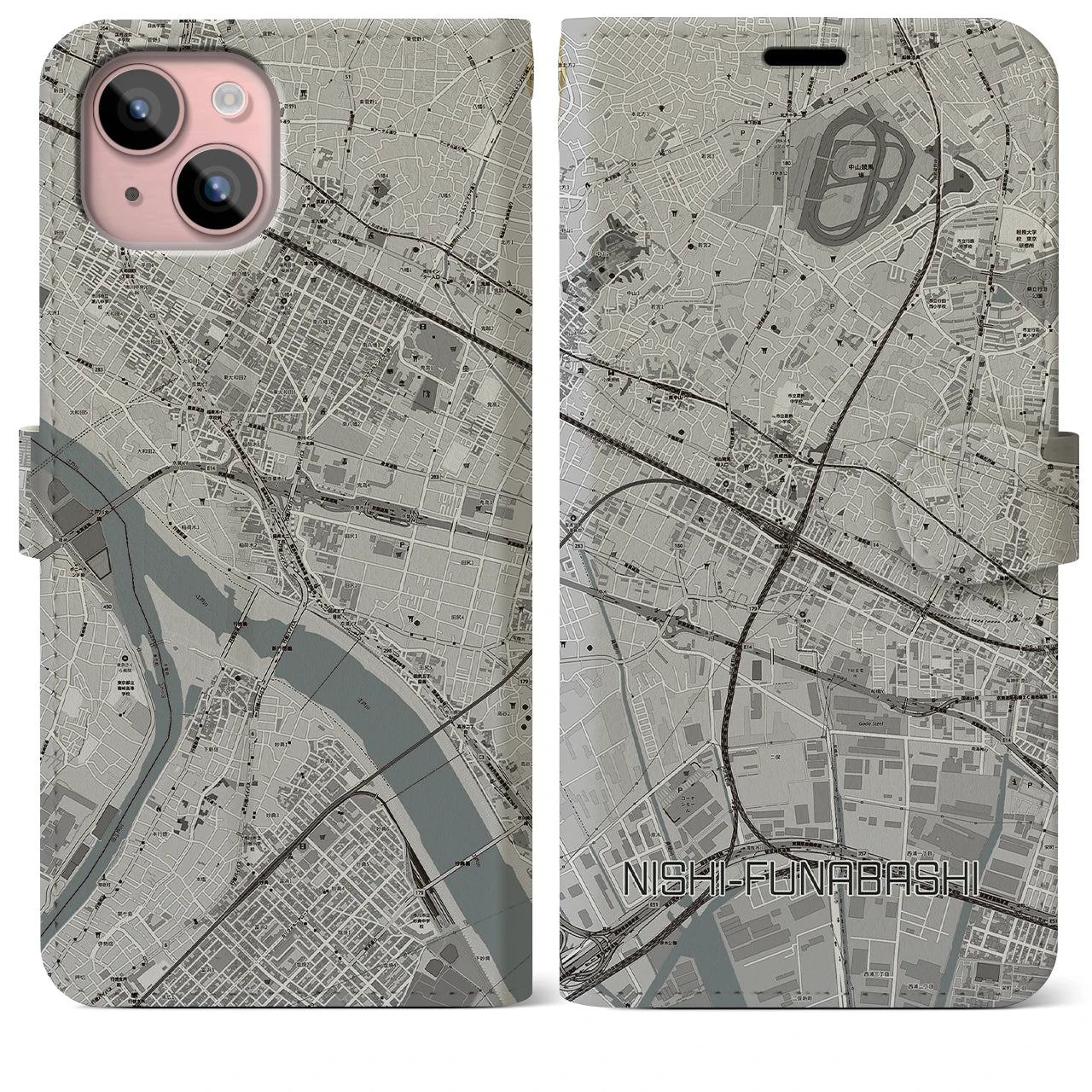 【西船橋(千葉県)】地図柄iPhoneケース(手帳タイプ)モノトーン・iPhone 15 Plus 用