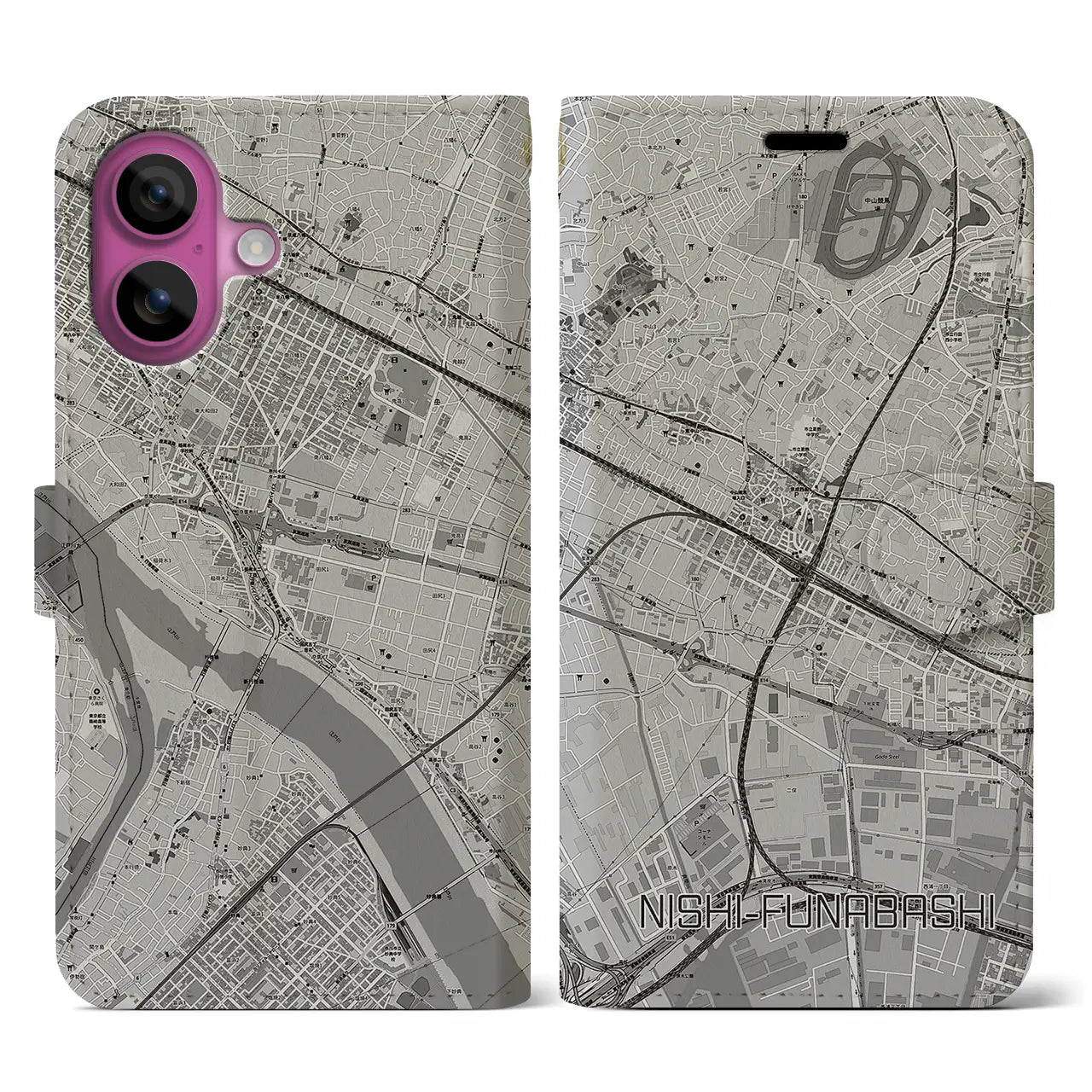 【西船橋(千葉県)】地図柄iPhoneケース(手帳タイプ)モノトーン・iPhone 16 Pro 用