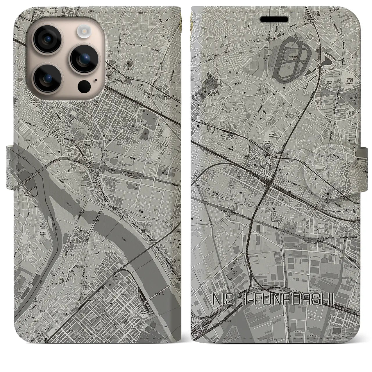 【西船橋(千葉県)】地図柄iPhoneケース(手帳タイプ)モノトーン・iPhone 16 Plus 用