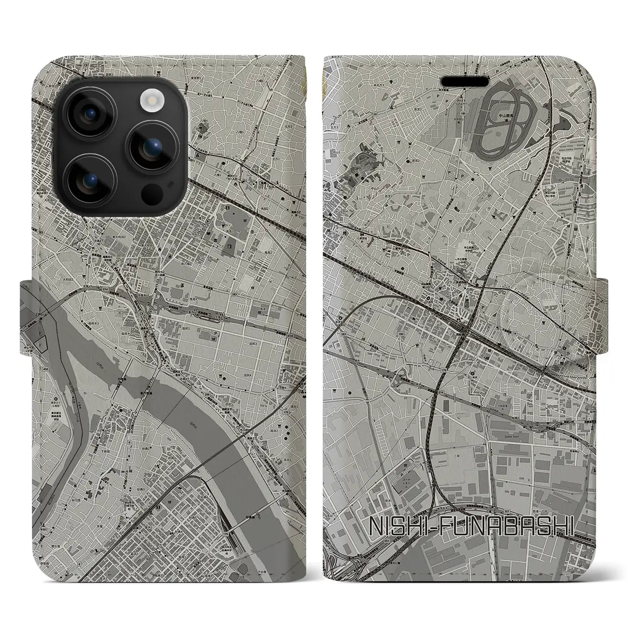 【西船橋(千葉県)】地図柄iPhoneケース(手帳タイプ)モノトーン・iPhone 16 用