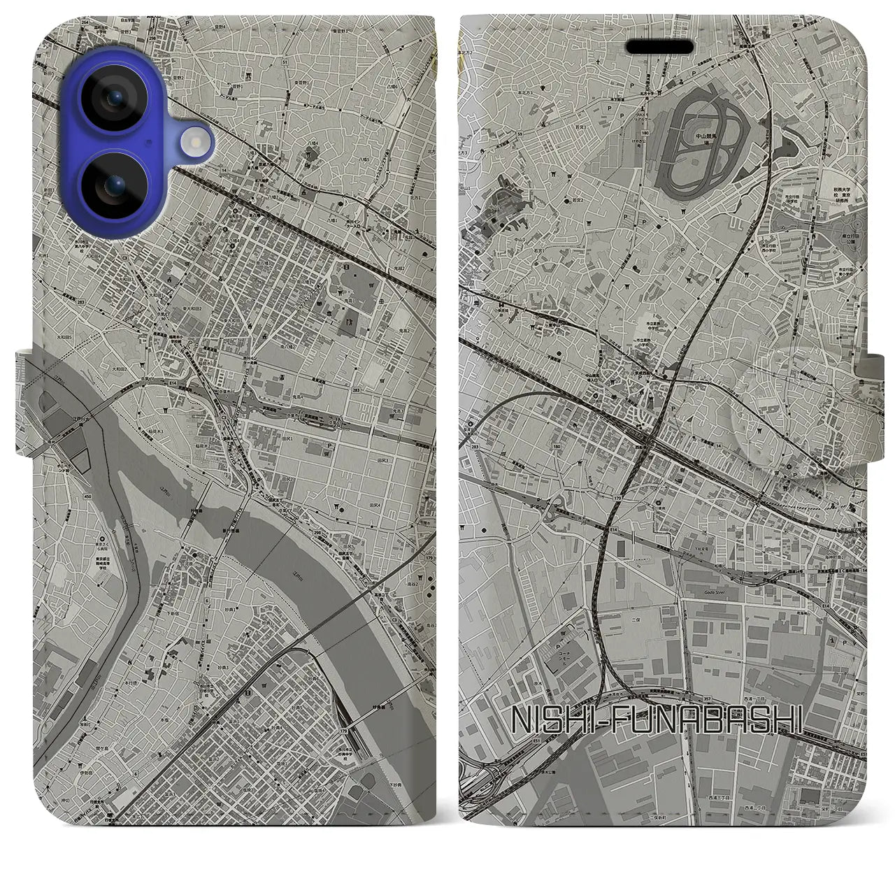 【西船橋(千葉県)】地図柄iPhoneケース(手帳タイプ)モノトーン・iPhone 16 Pro Max 用