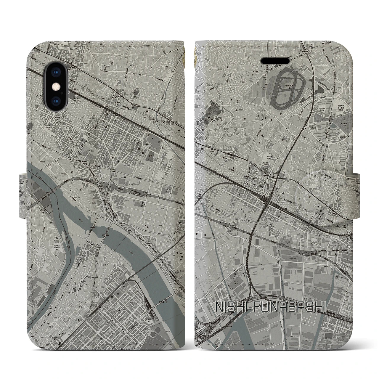 【西船橋(千葉県)】地図柄iPhoneケース(手帳タイプ)モノトーン・iPhone XS / X 用