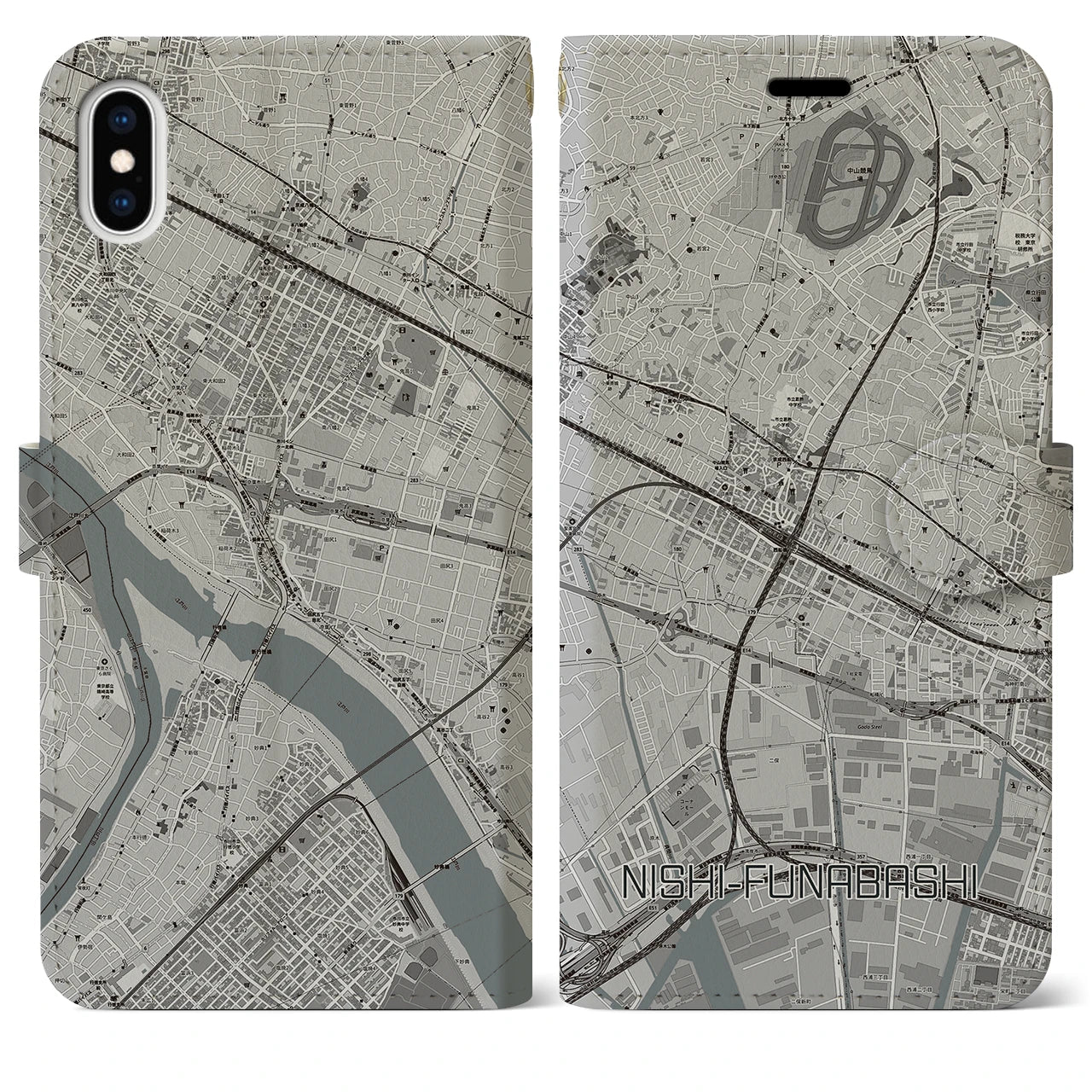 【西船橋(千葉県)】地図柄iPhoneケース(手帳タイプ)モノトーン・iPhone XS Max 用