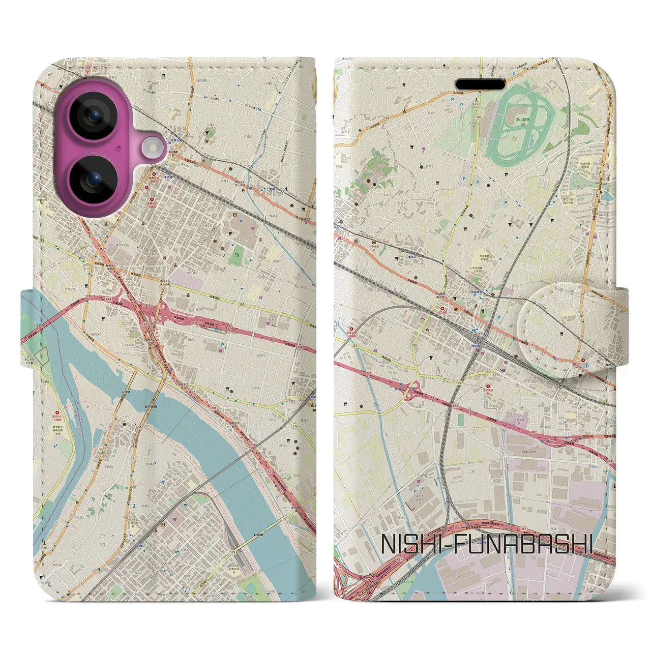 【西船橋(千葉県)】地図柄iPhoneケース(手帳タイプ)ナチュラル・iPhone 16 Pro 用