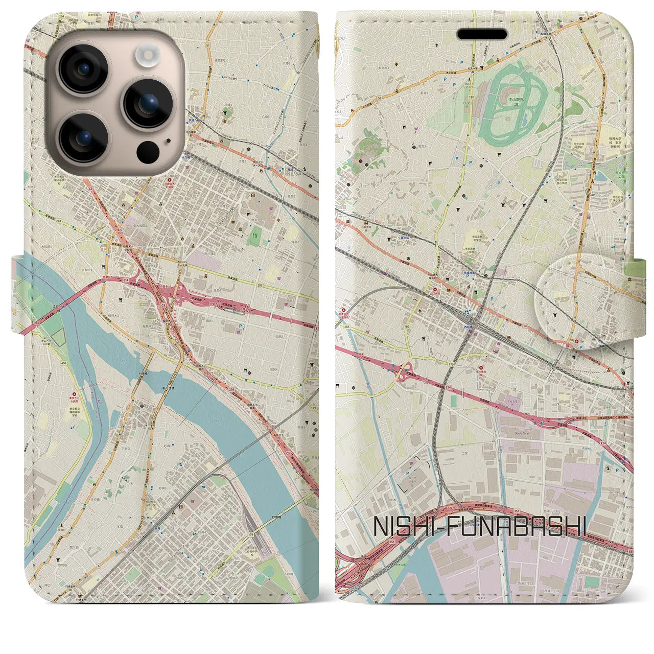 【西船橋(千葉県)】地図柄iPhoneケース(手帳タイプ)ナチュラル・iPhone 16 Plus 用