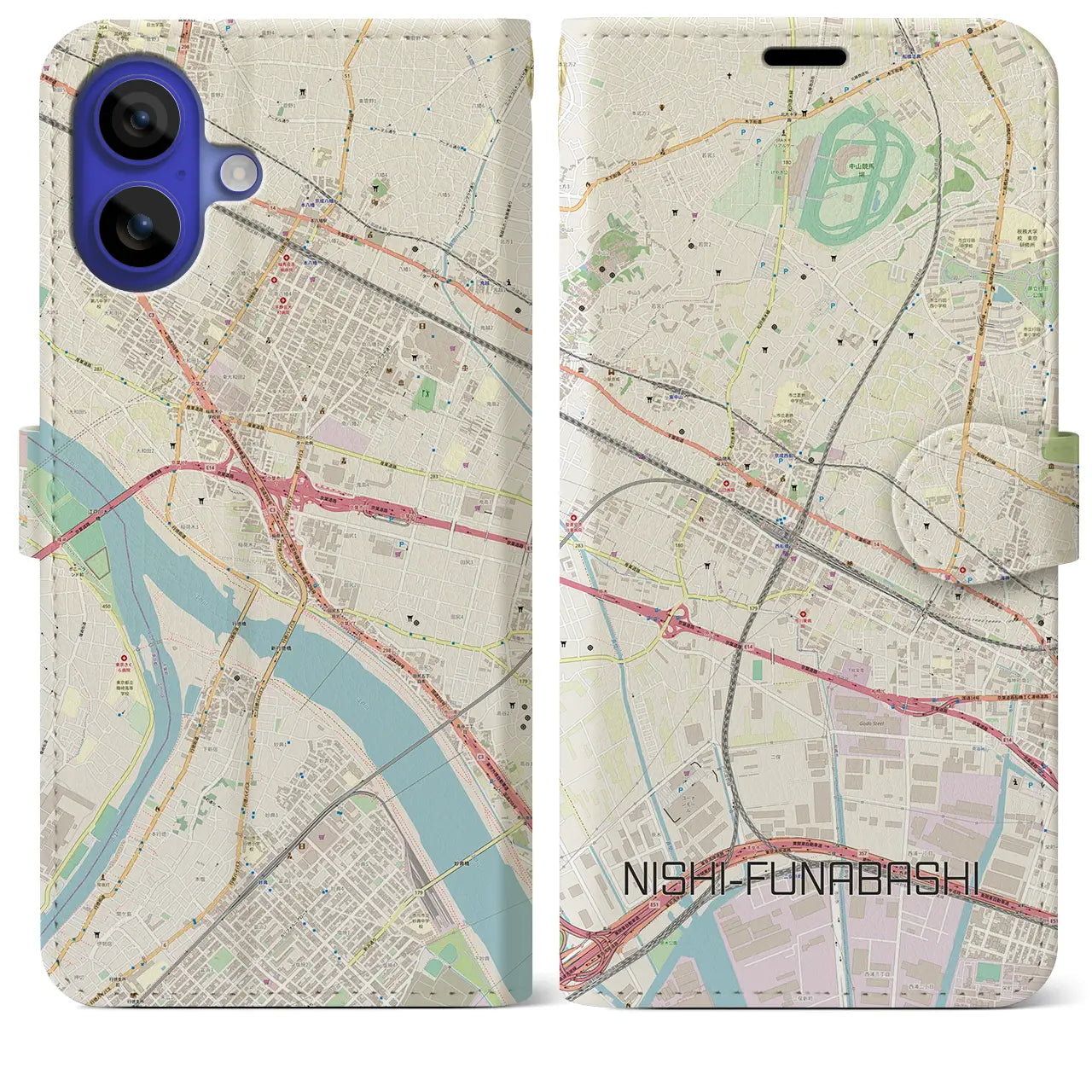 【西船橋(千葉県)】地図柄iPhoneケース(手帳タイプ)ナチュラル・iPhone 16 Pro Max 用