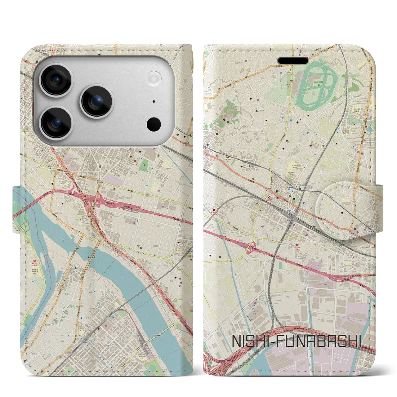 【西船橋(千葉県)】地図柄iPhoneケース(手帳タイプ)モノトーン・iPhone 17 Pro Max 用