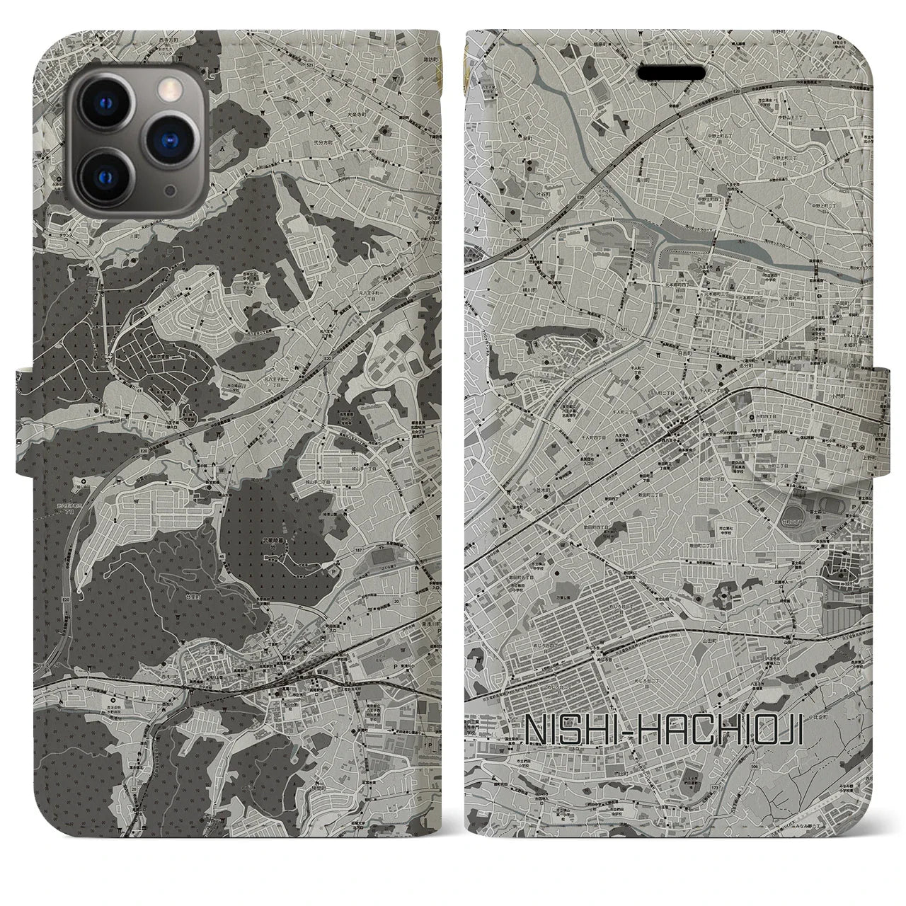 【西八王子(東京都)】地図柄iPhoneケース(手帳タイプ)モノトーン・iPhone 11 Pro Max 用