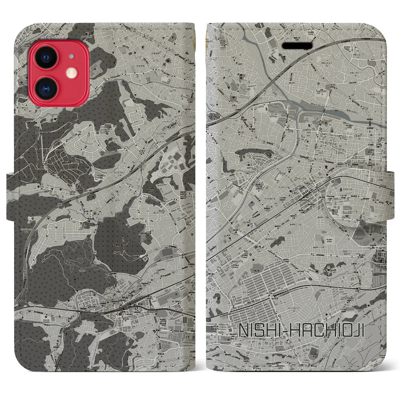 【西八王子(東京都)】地図柄iPhoneケース(手帳タイプ)モノトーン・iPhone 11 用