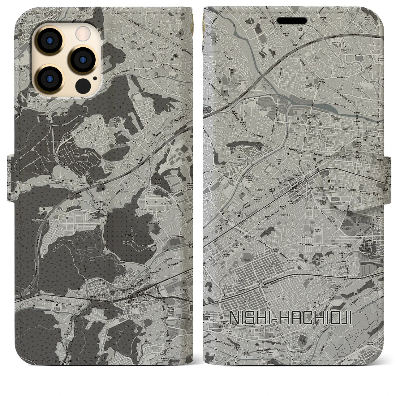 【西八王子(東京都)】地図柄iPhoneケース(手帳タイプ)モノトーン・iPhone 12 Pro Max 用