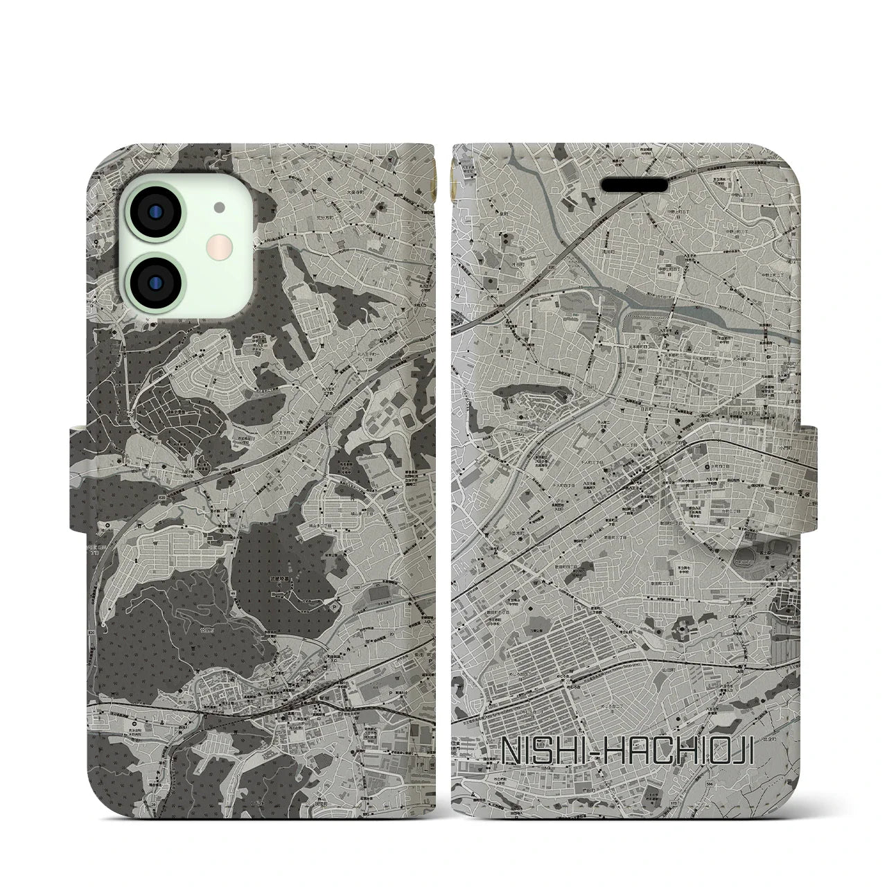 【西八王子(東京都)】地図柄iPhoneケース(手帳タイプ)モノトーン・iPhone 12 mini 用