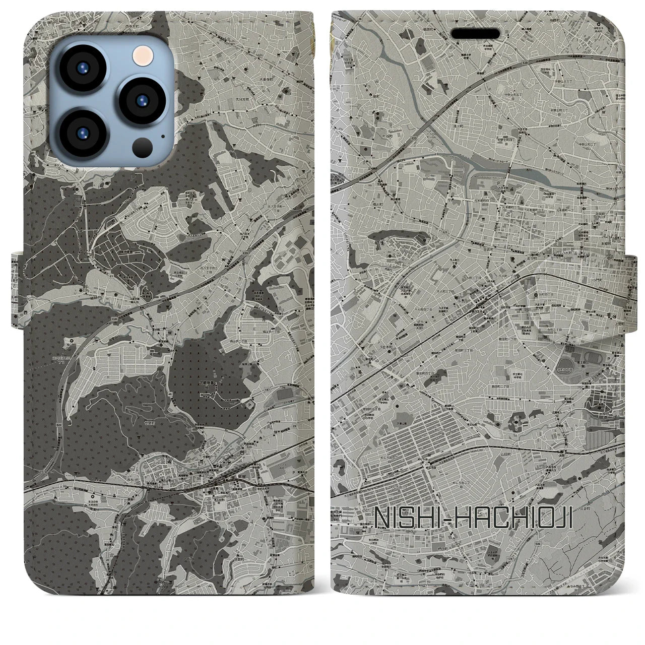 【西八王子(東京都)】地図柄iPhoneケース(手帳タイプ)モノトーン・iPhone 13 Pro Max 用