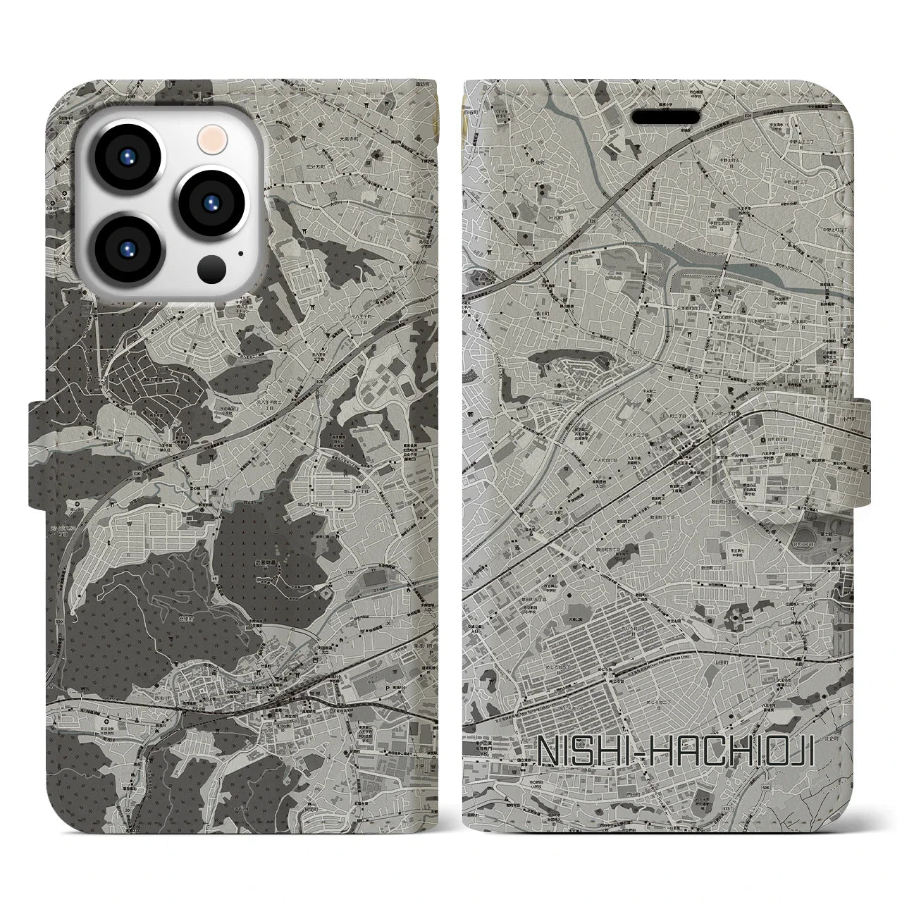 【西八王子(東京都)】地図柄iPhoneケース(手帳タイプ)モノトーン・iPhone 13 Pro 用