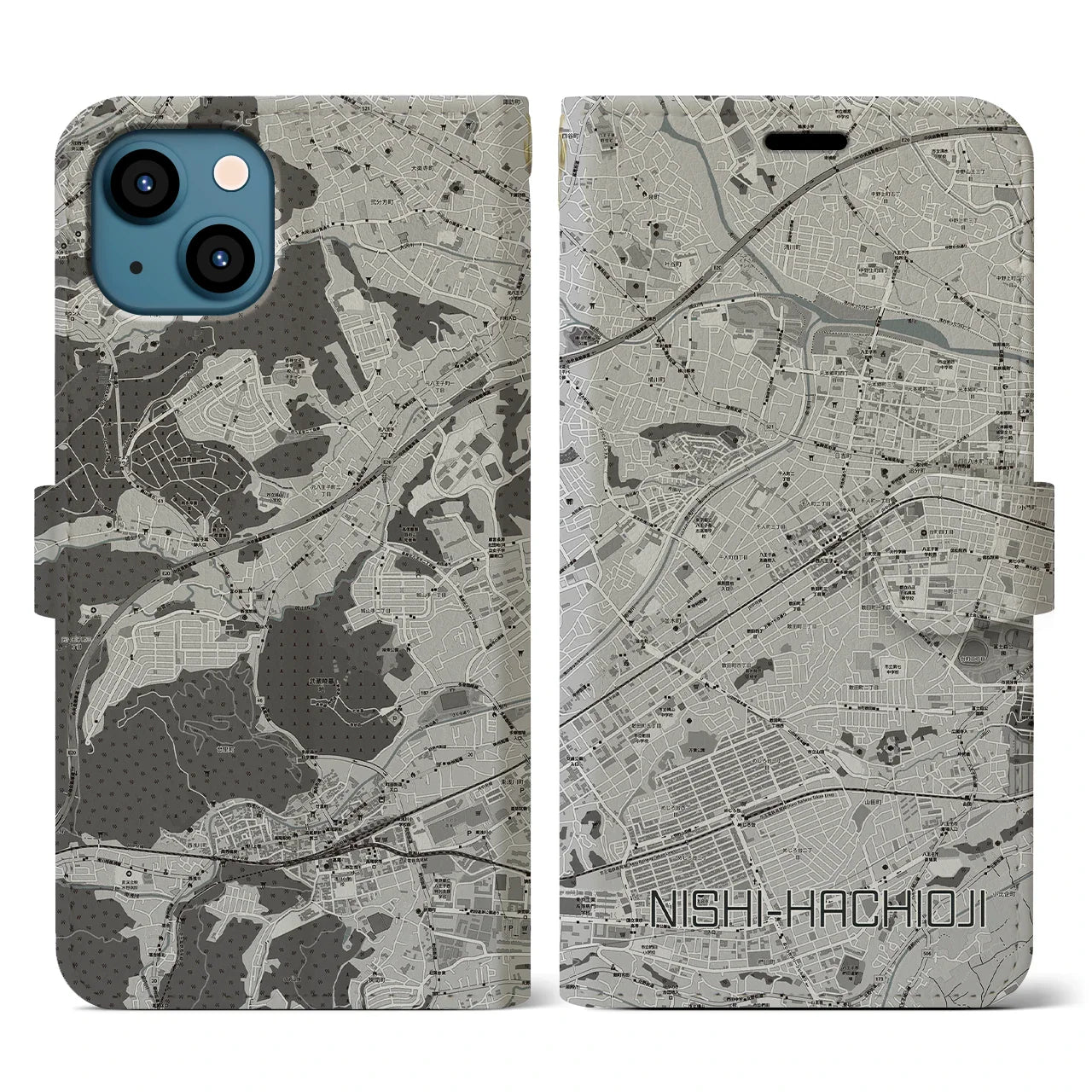 【西八王子(東京都)】地図柄iPhoneケース(手帳タイプ)モノトーン・iPhone 13 用