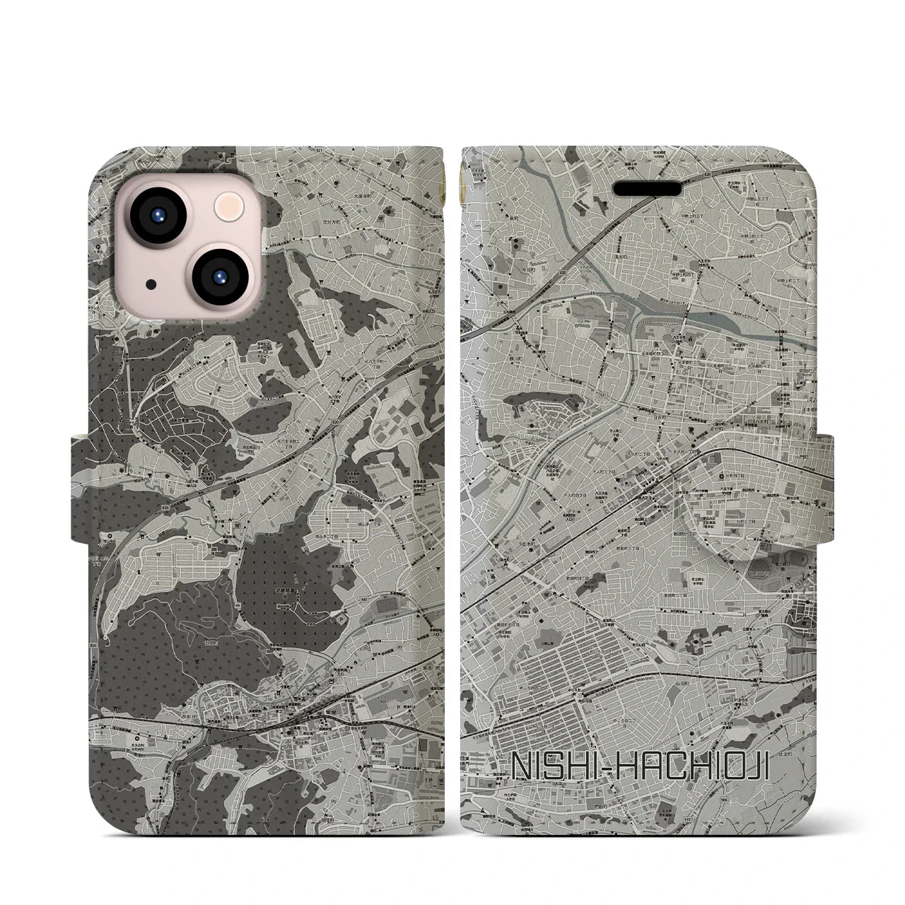 【西八王子(東京都)】地図柄iPhoneケース(手帳タイプ)モノトーン・iPhone 13 mini 用