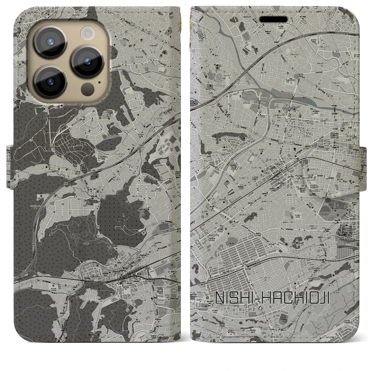 【西八王子(東京都)】地図柄iPhoneケース(手帳タイプ)モノトーン・iPhone 14 Pro Max 用