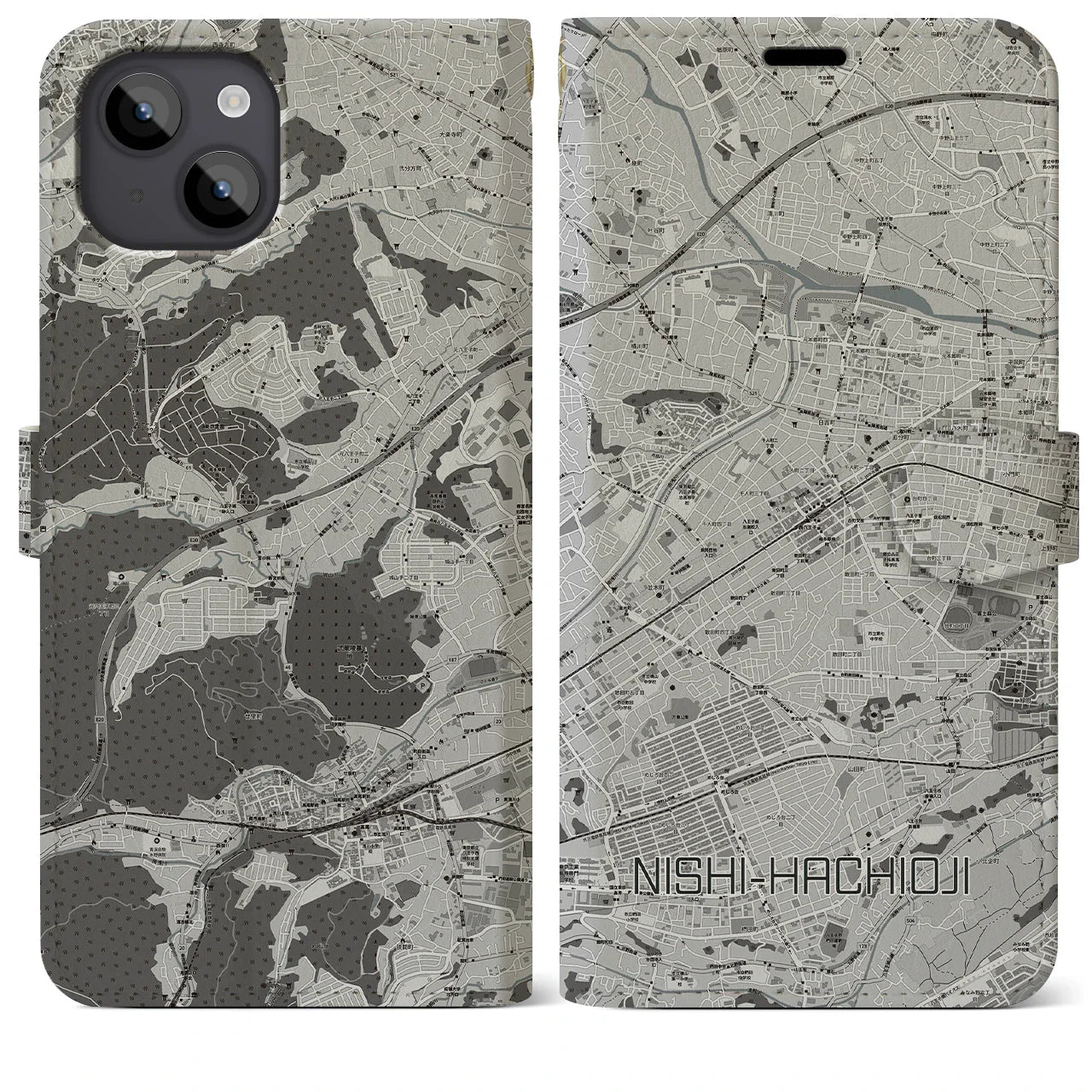 【西八王子(東京都)】地図柄iPhoneケース(手帳タイプ)モノトーン・iPhone 14 Plus 用