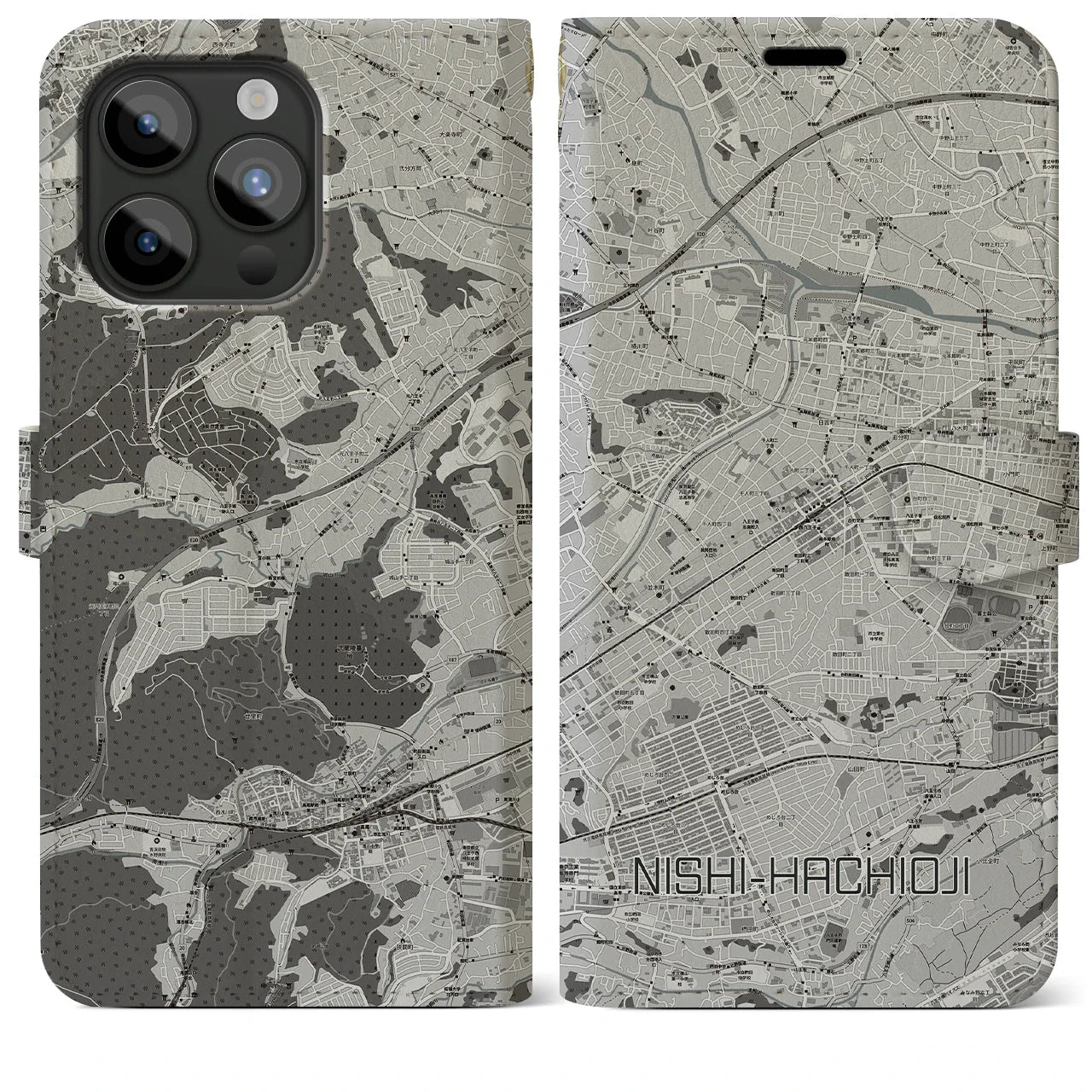 【西八王子(東京都)】地図柄iPhoneケース(手帳タイプ)モノトーン・iPhone 15 Pro Max 用