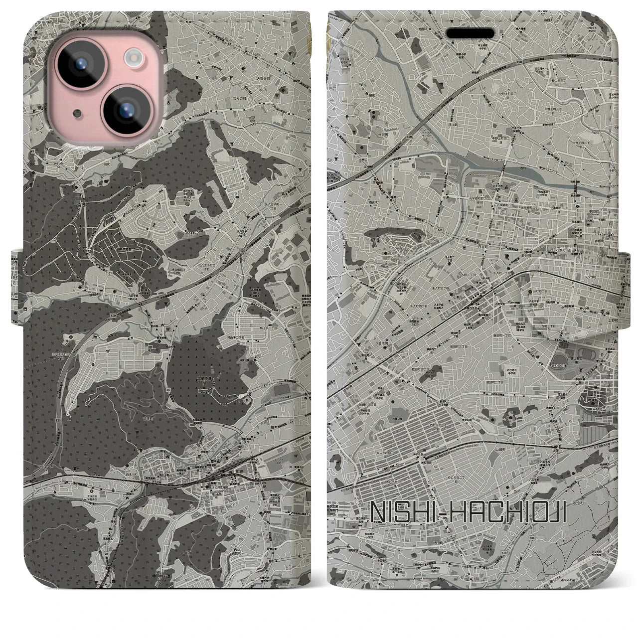 【西八王子(東京都)】地図柄iPhoneケース(手帳タイプ)モノトーン・iPhone 15 Plus 用