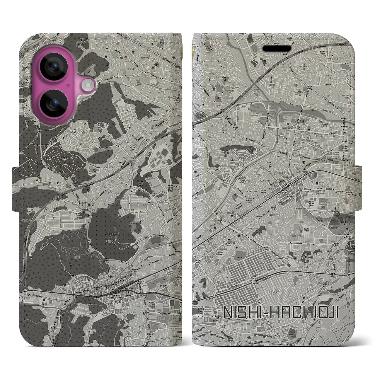 【西八王子(東京都)】地図柄iPhoneケース(手帳タイプ)モノトーン・iPhone 16 Pro 用