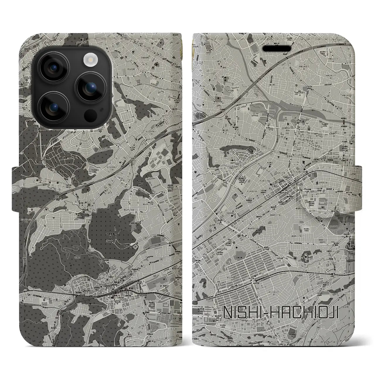 【西八王子(東京都)】地図柄iPhoneケース(手帳タイプ)モノトーン・iPhone 16 用
