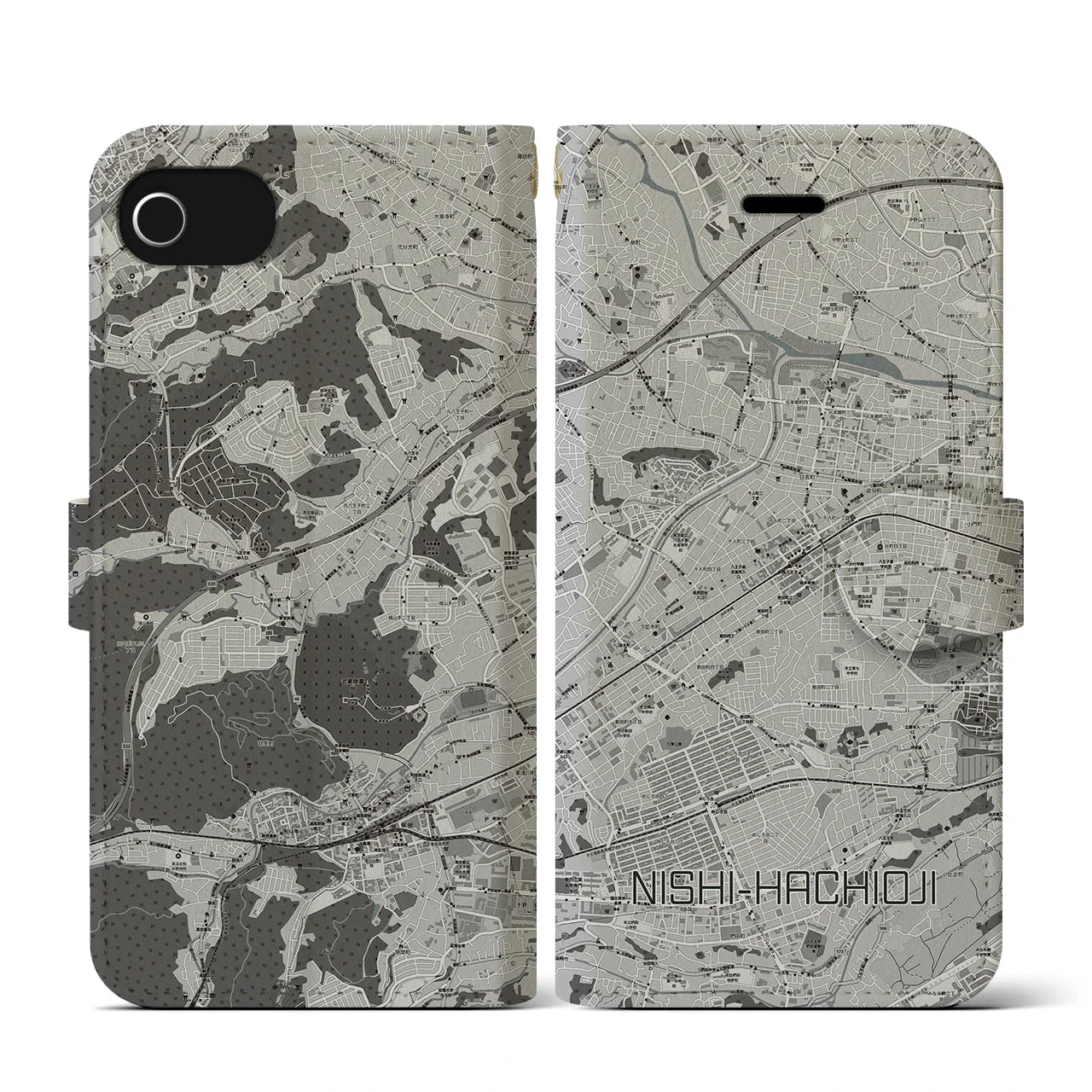 【西八王子(東京都)】地図柄iPhoneケース(手帳タイプ)モノトーン・iPhone SE(第3 / 第2世代) / 8 / 7 / 6s / 6 用