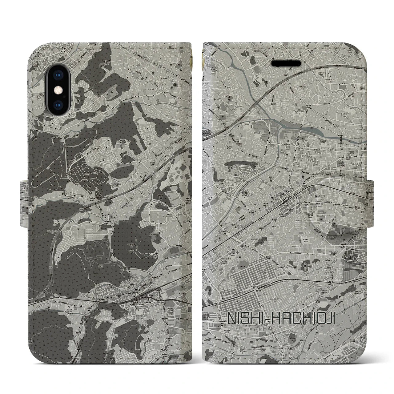 【西八王子(東京都)】地図柄iPhoneケース(手帳タイプ)モノトーン・iPhone XS / X 用