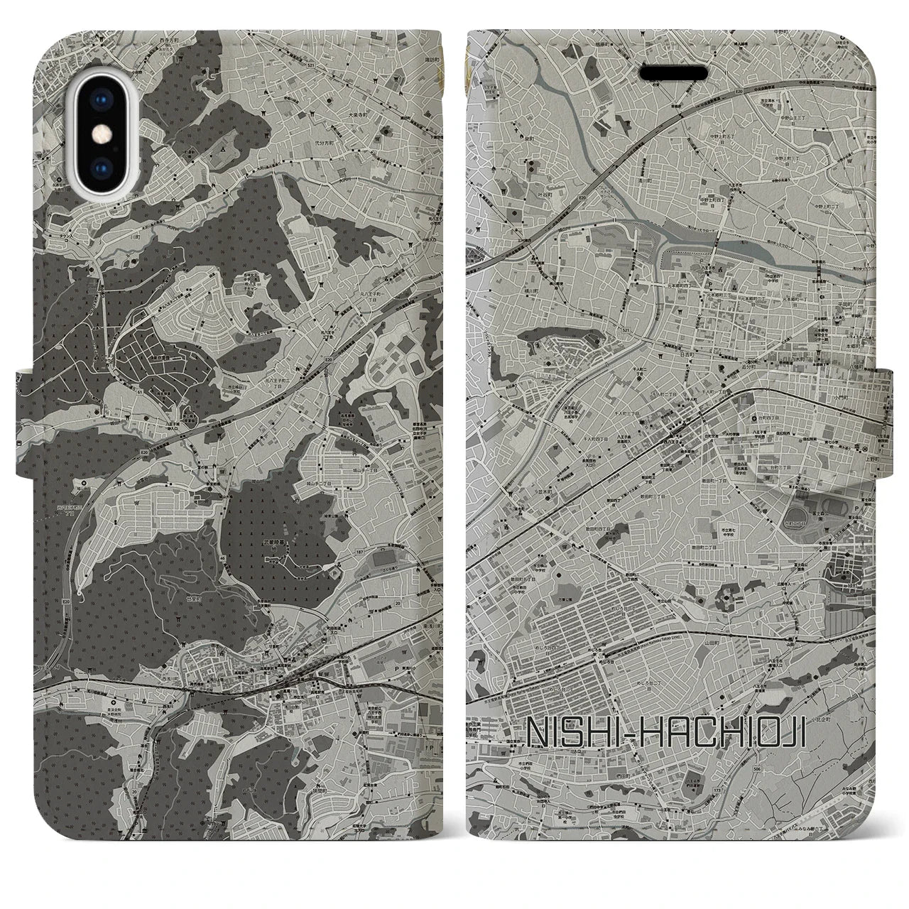 【西八王子(東京都)】地図柄iPhoneケース(手帳タイプ)モノトーン・iPhone XS Max 用