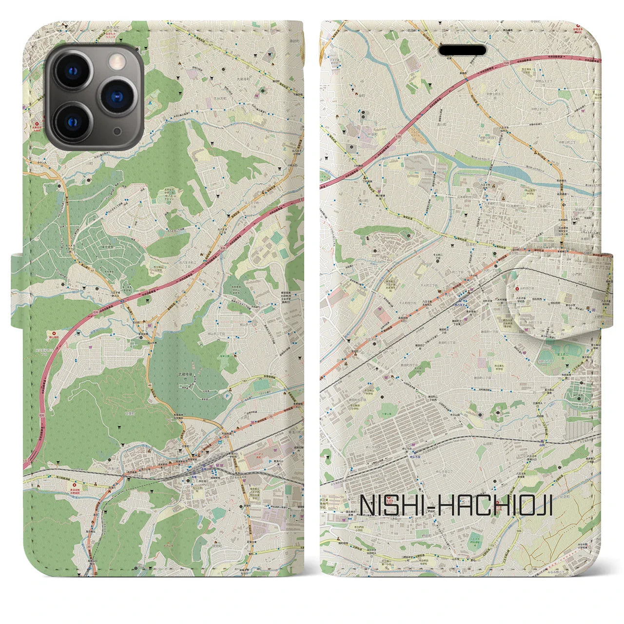 【西八王子(東京都)】地図柄iPhoneケース(手帳タイプ)ナチュラル・iPhone 11 Pro Max 用