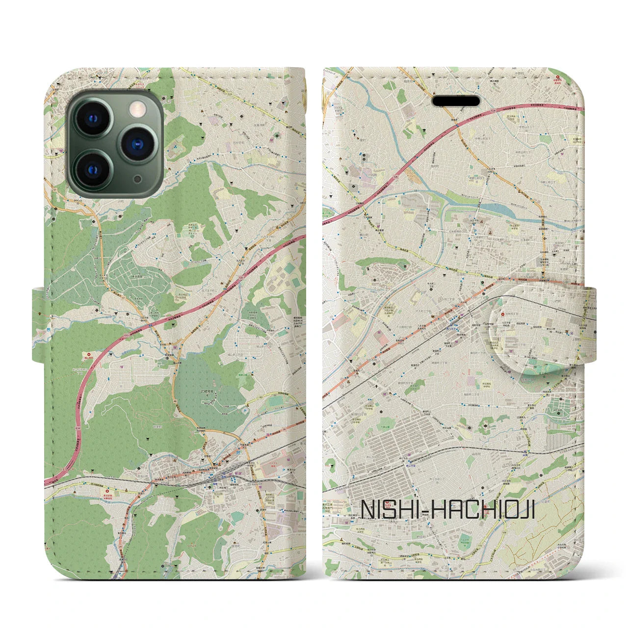 【西八王子(東京都)】地図柄iPhoneケース(手帳タイプ)ナチュラル・iPhone 11 Pro 用